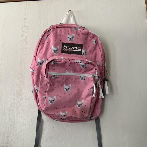 Jansport Backpack Trans Pink Pug Face Dog Heart Print Book Bag Full Size Nice - Picture 1 of 16